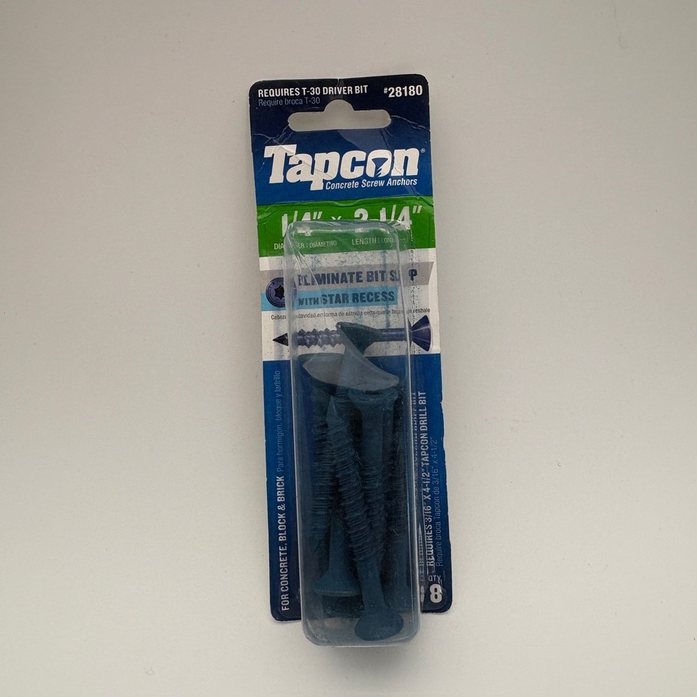 Tapcon 1/4 x 2-1/4 Concrete Screw Anchors Star Recess Blue 8 Pack 28180 Mens‎